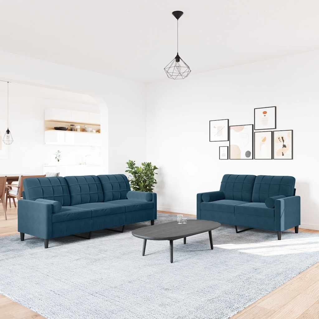 Ensemble de canapés 2pcs et coussins et traversins bleu velours