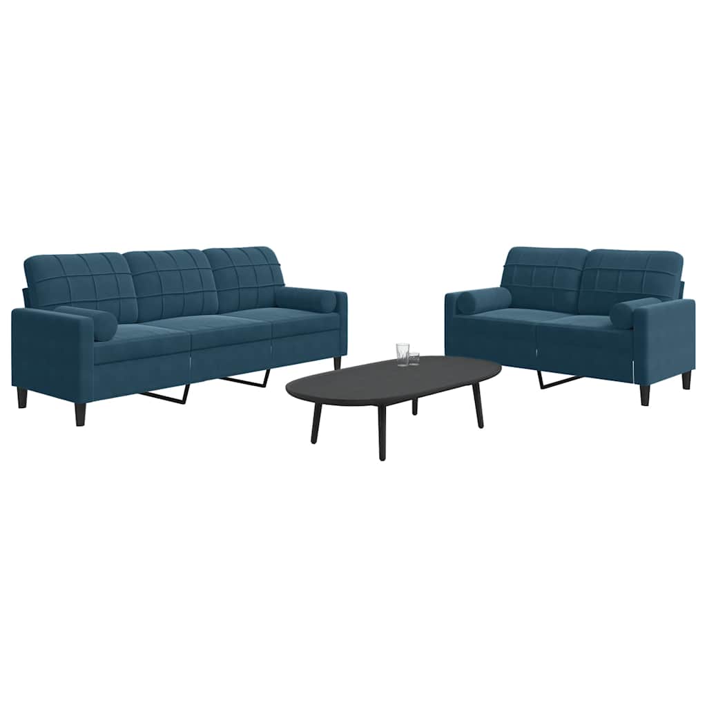 Ensemble de canapés 2pcs et coussins et traversins bleu velours