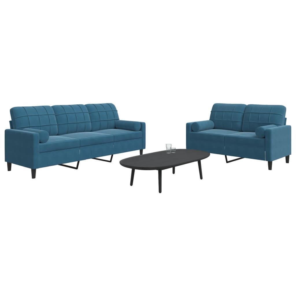 Ensemble de canapés 2pcs et coussins et traversins bleu velours