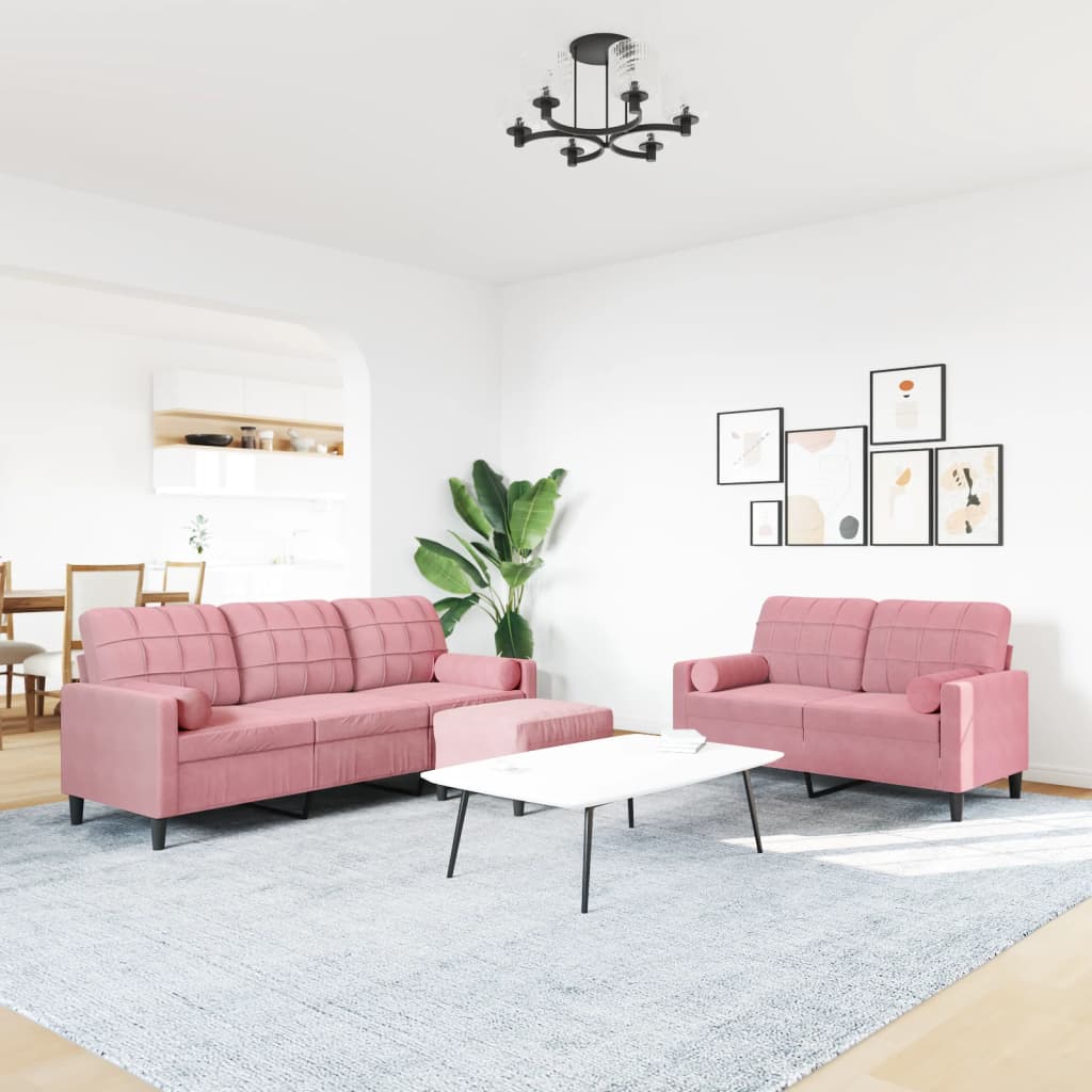 Ensemble de canapés 3pcs et coussins et traversins rose velours