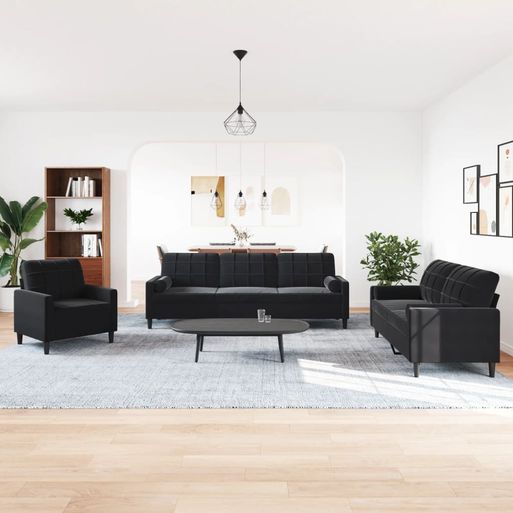 Ensemble de canapés 3pcs et coussins et traversins noir velours