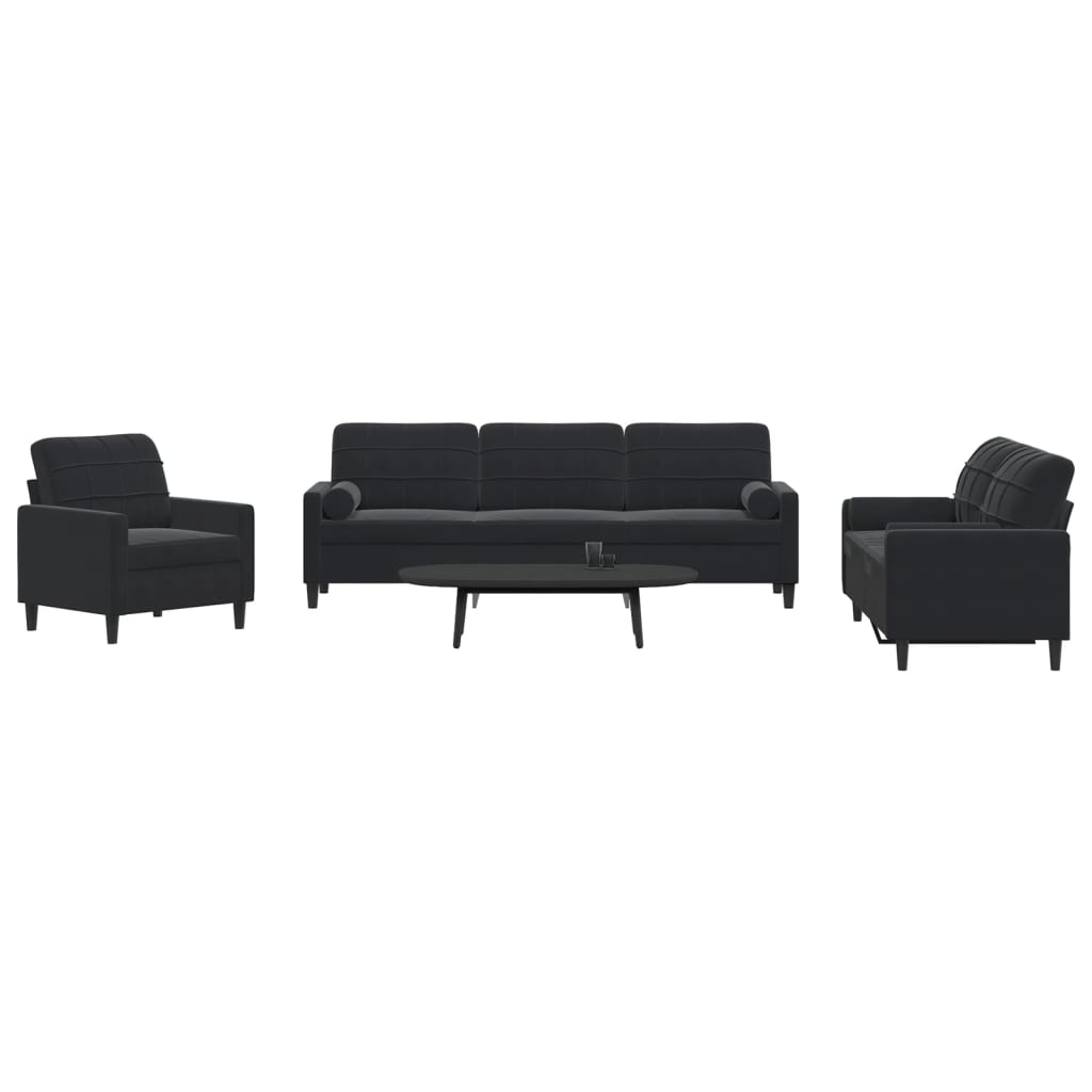 Ensemble de canapés 3pcs et coussins et traversins noir velours - XIOS