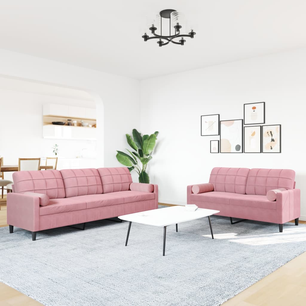 Ensemble de canapés 2pcs et coussins et traversins rose velours