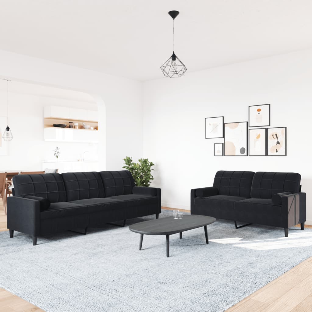 Ensemble de canapés 2pcs et coussins et traversins noir velours
