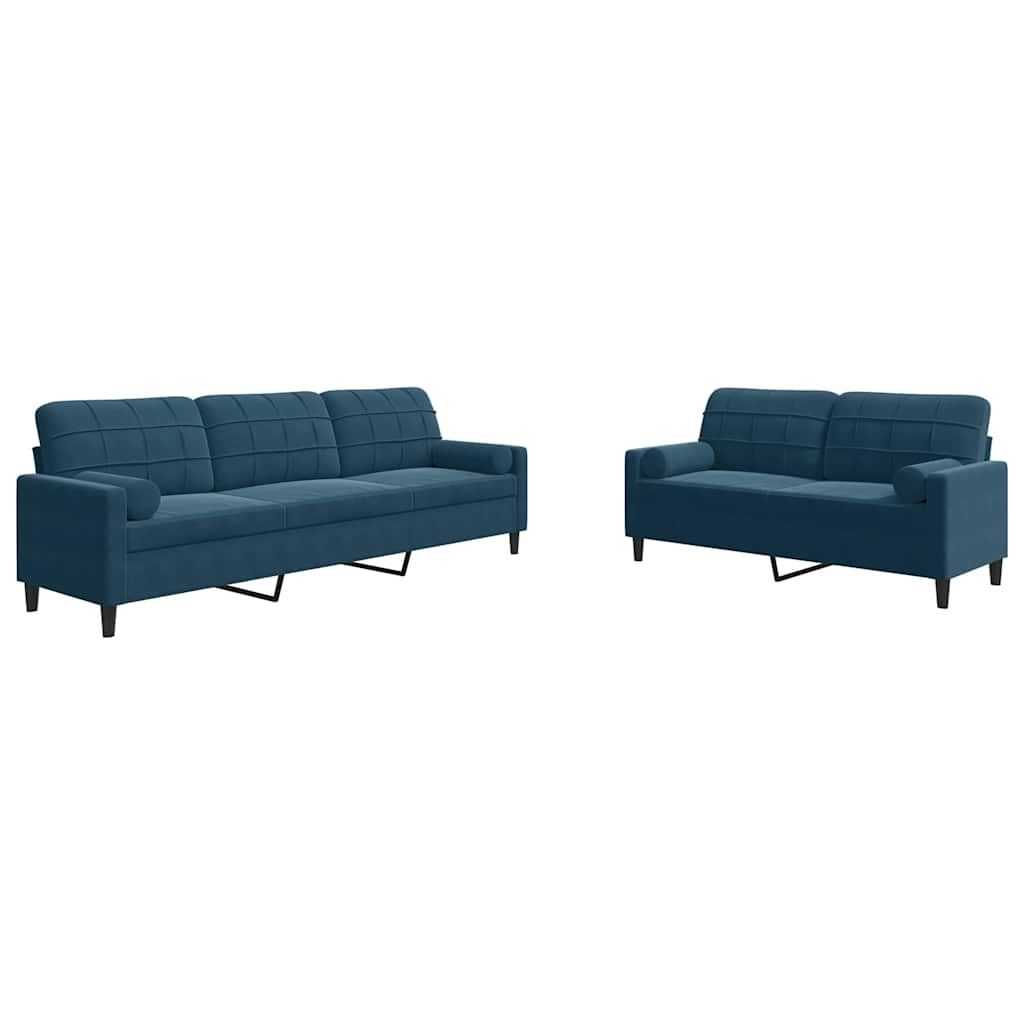 Ensemble de canapés 2pcs et coussins et traversins bleu velours