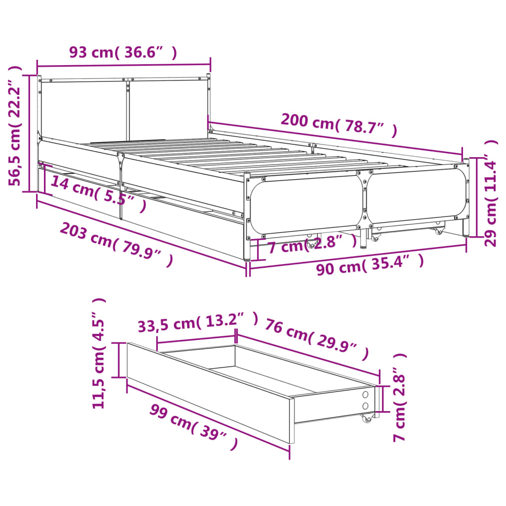 Cadre de lit avec tiroirs sans matelas noir 90x200 cm - XIOS
