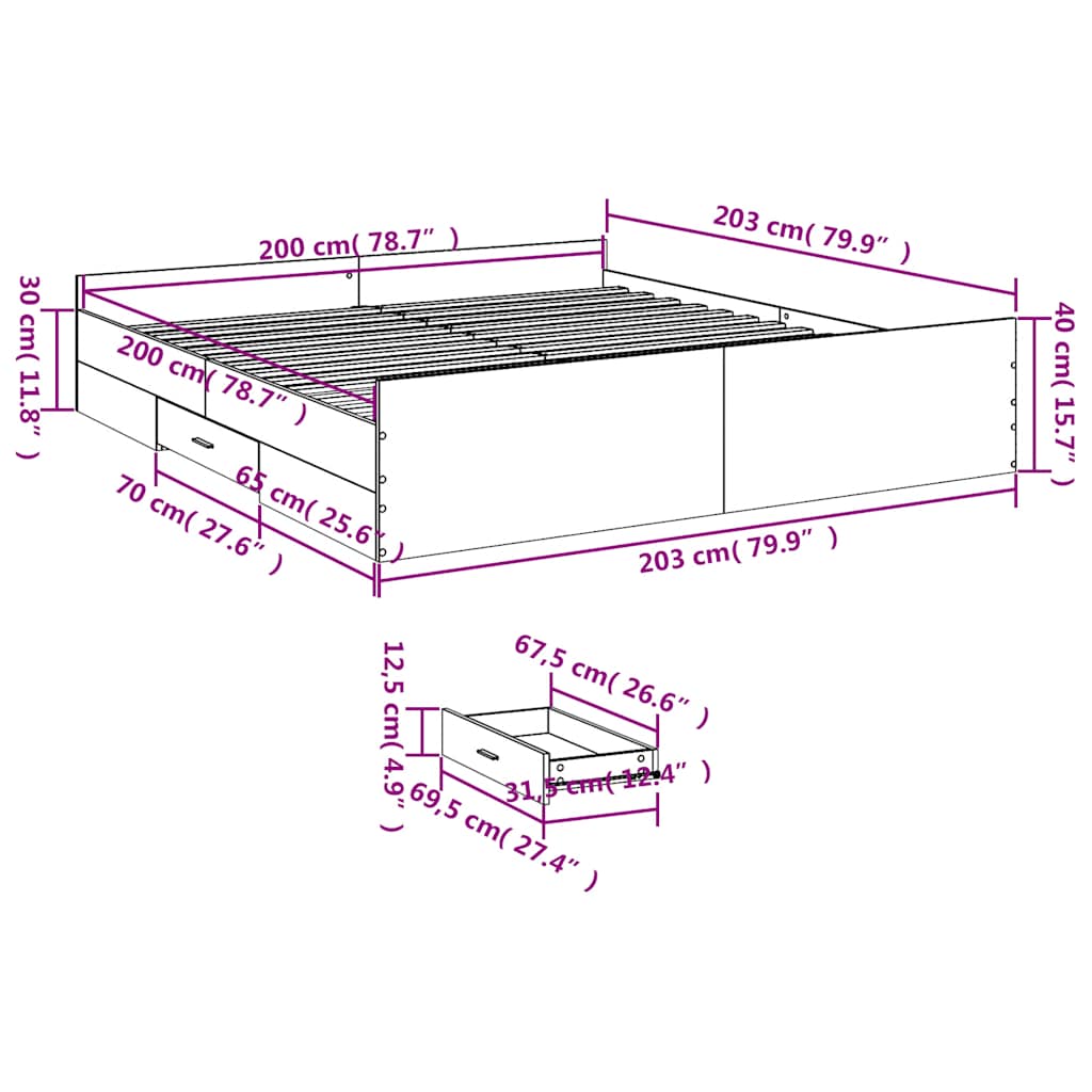 Cadre de lit avec tiroirs sans matelas chêne sonoma 200x200 cm - XIOS