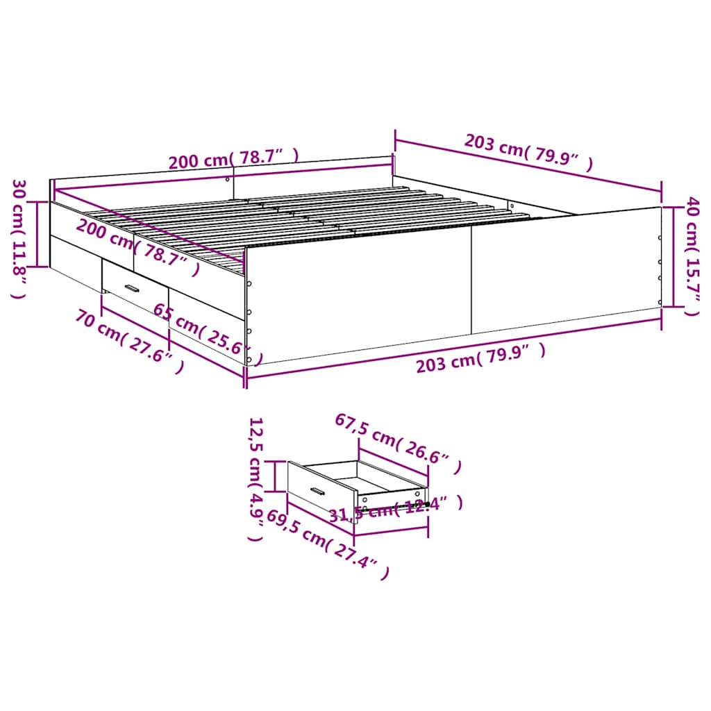 Cadre de lit avec tiroirs sans matelas chêne fumé 200x200 cm - XIOS