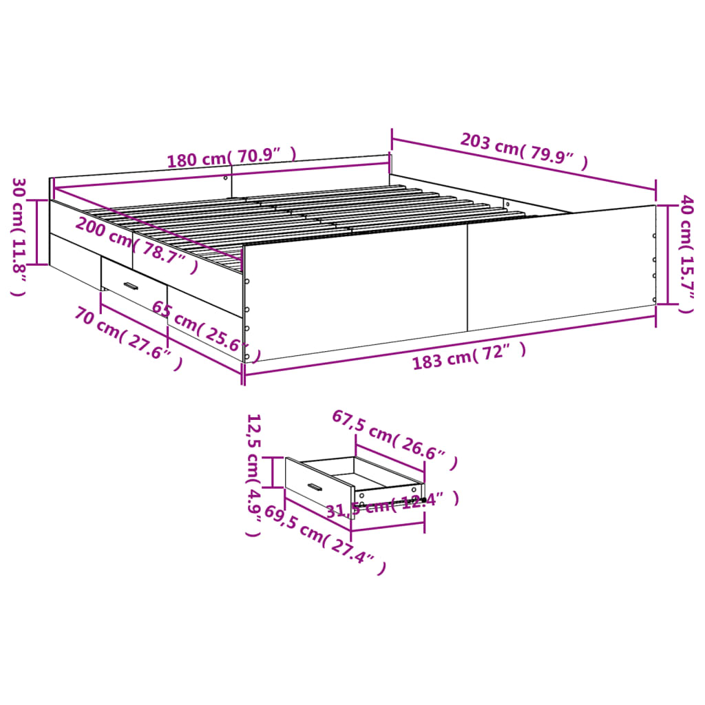 Cadre de lit avec tiroirs sans matelas blanc 180x200 cm - XIOS