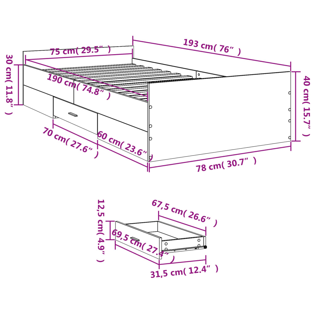 Cadre de lit avec tiroirs sans matelas blanc 75x190 cm - XIOS
