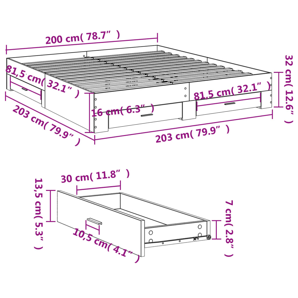 Cadre de lit avec tiroirs sans matelas gris béton 200x200 cm - XIOS