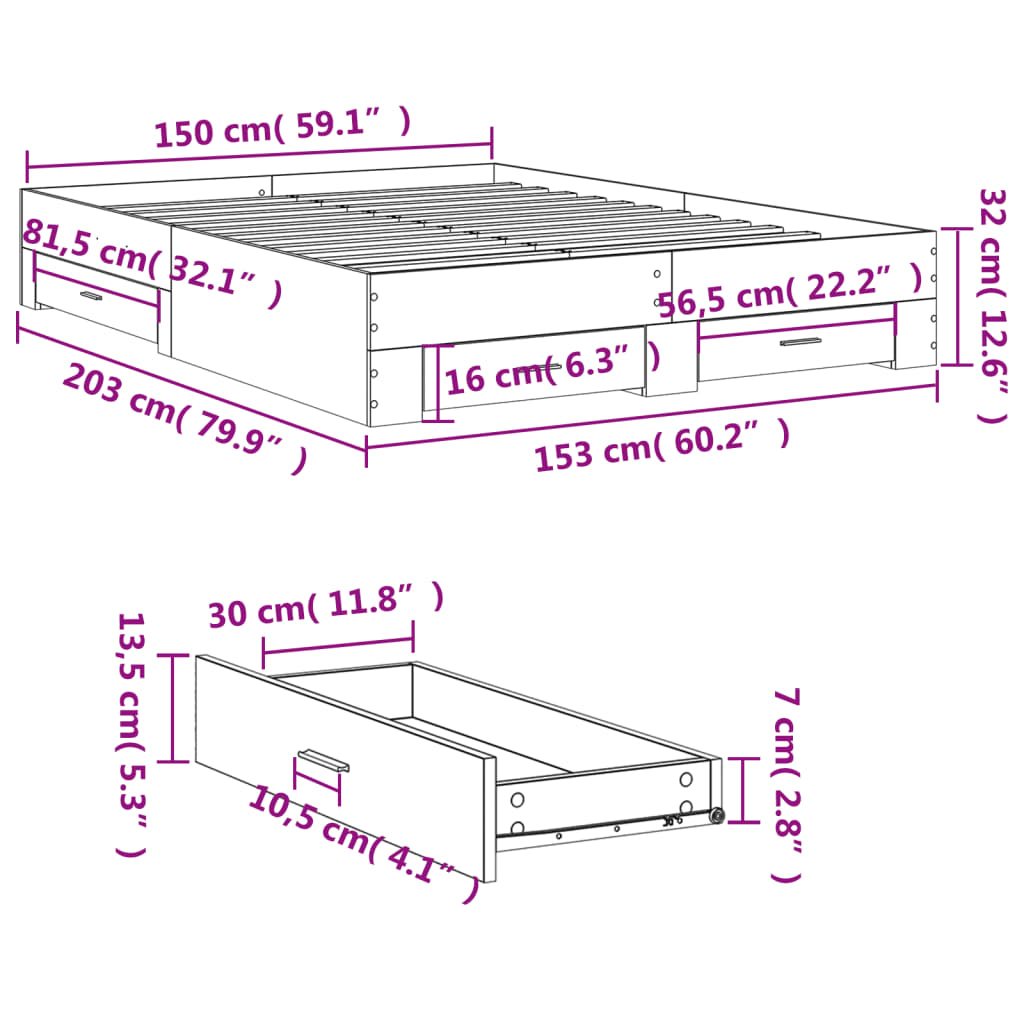 Cadre de lit avec tiroirs sans matelas gris béton 150x200 cm - XIOS