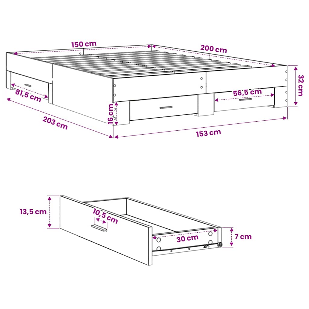 Cadre de lit avec tiroirs sans matelas sonoma gris 150x200 cm - XIOS