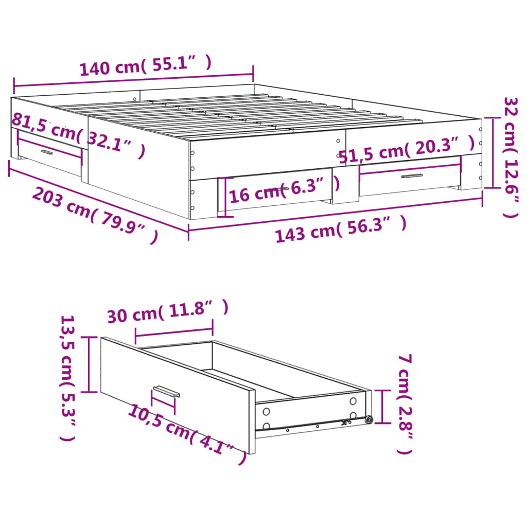 Cadre de lit avec tiroirs sans matelas sonoma gris 140x200 cm - XIOS