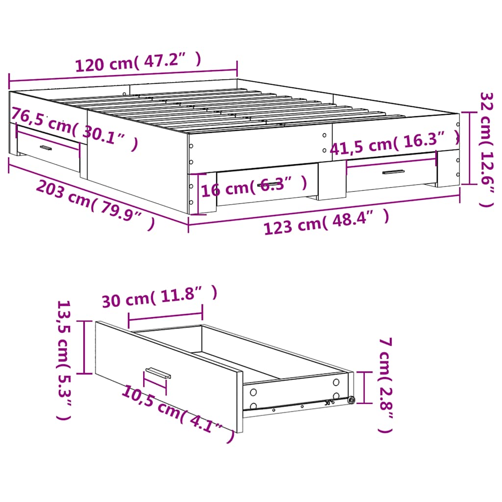 Cadre de lit avec tiroirs sans matelas gris béton 120x200 cm - XIOS