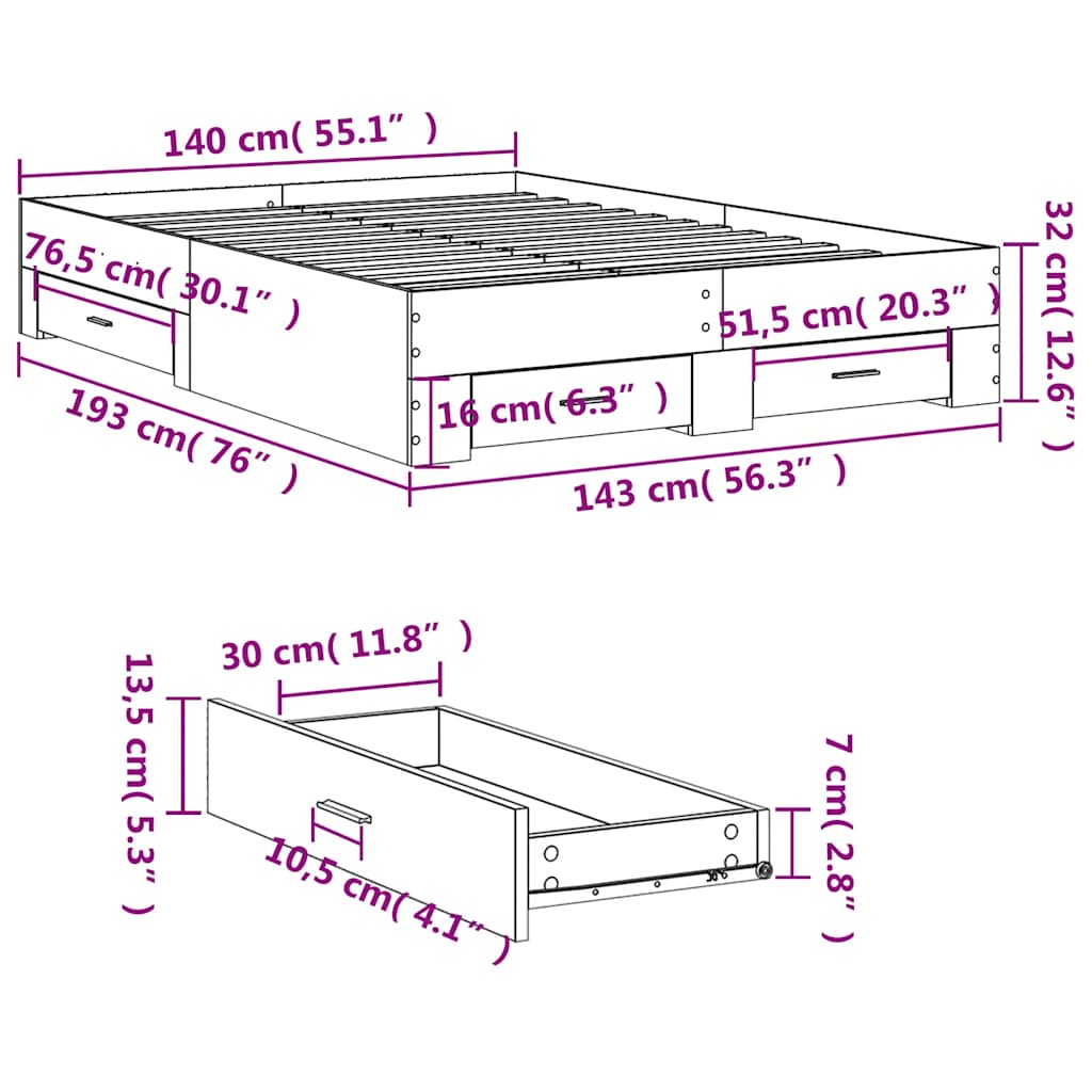 Cadre de lit avec tiroirs sans matelas chêne fumé 140x190 cm - XIOS