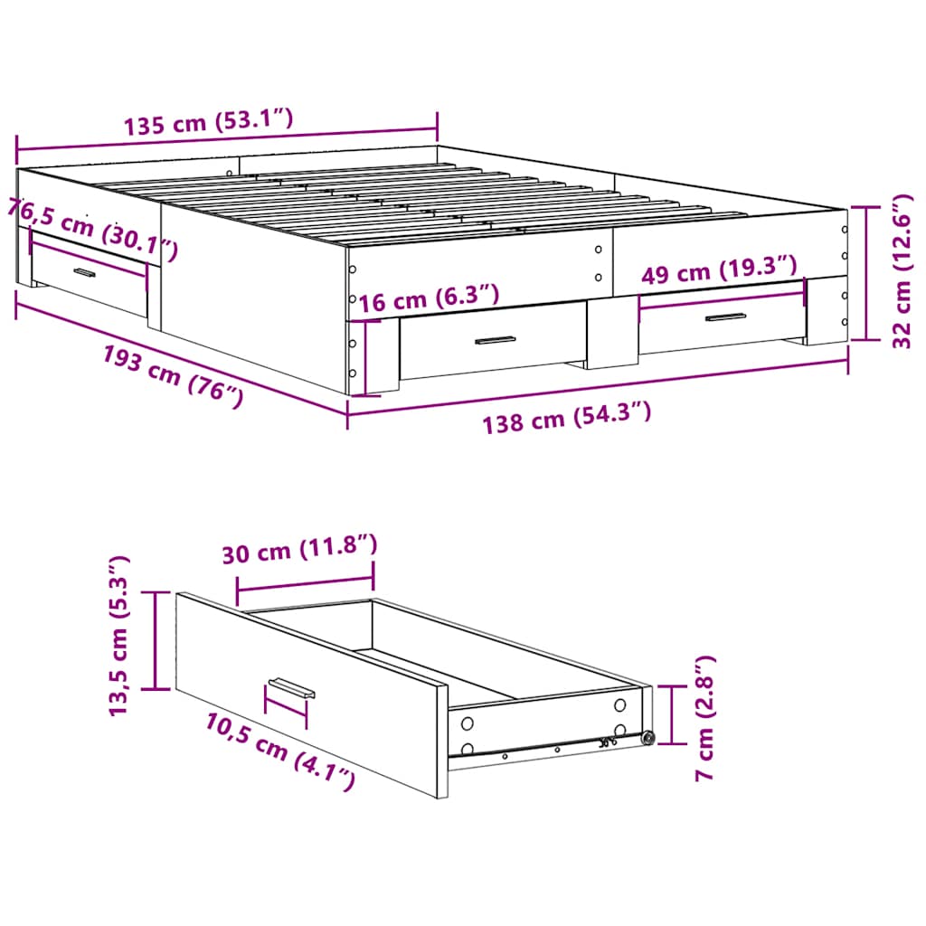 Cadre de lit avec tiroirs sans matelas chêne sonoma 135x190 cm - XIOS