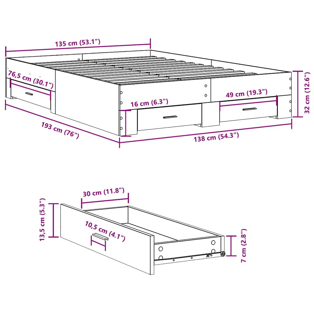 Cadre de lit avec tiroirs sans matelas chêne fumé 135x190 cm - XIOS