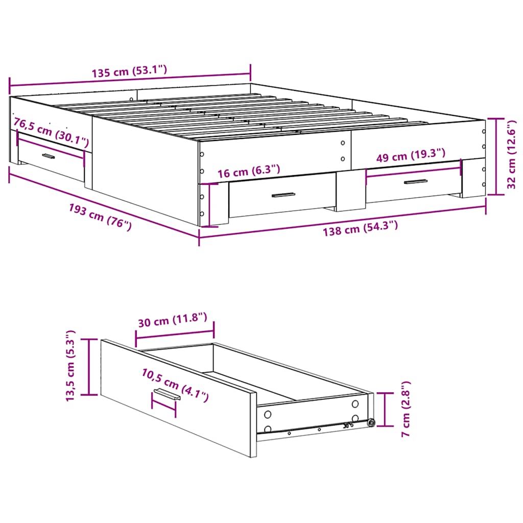 Cadre de lit avec tiroirs sans matelas sonoma gris 135x190 cm - XIOS