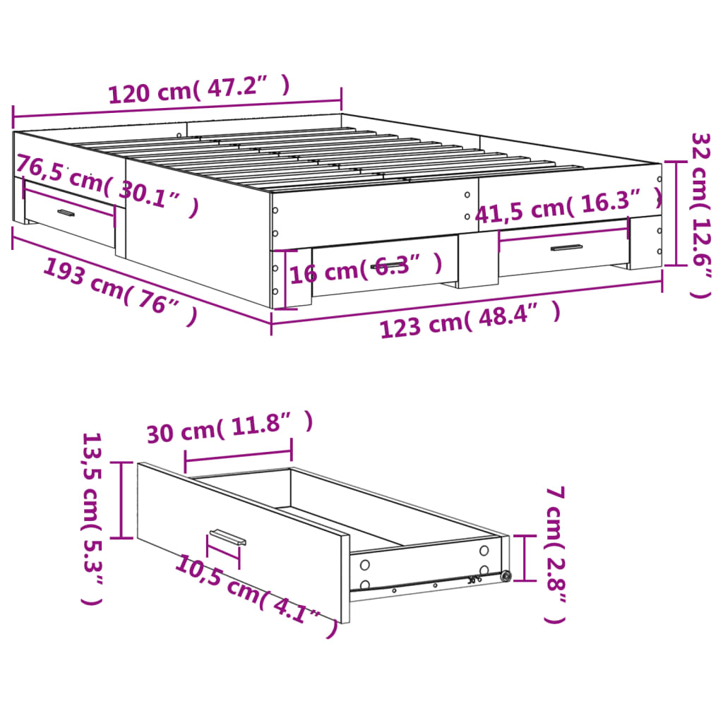 Cadre de lit avec tiroirs sans matelas gris béton 120x190 cm - XIOS