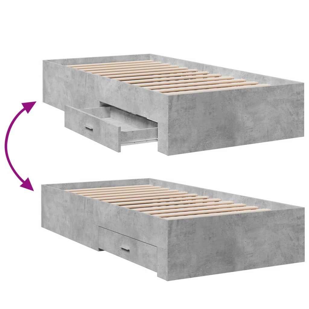 Cadre de lit avec tiroirs sans matelas gris béton 75x190 cm - XIOS