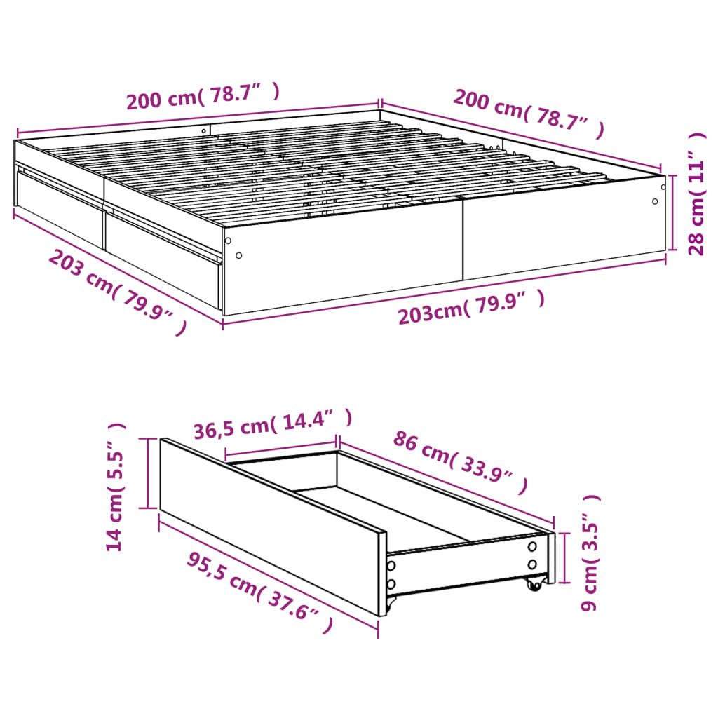 Cadre de lit avec tiroirs sans matelas gris béton 200x200 cm - XIOS
