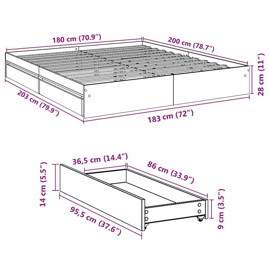 Cadre de lit avec tiroirs sans matelas chêne sonoma 180x200 cm - XIOS