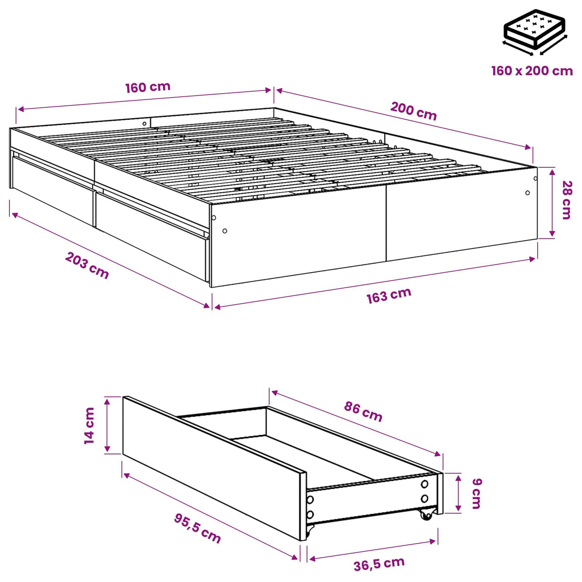 Cadre de lit avec tiroirs sans matelas sonoma gris 160x200 cm