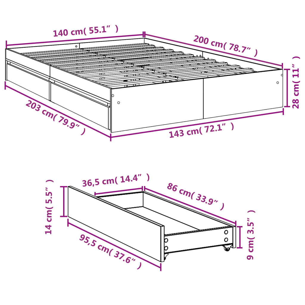 Cadre de lit avec tiroirs sans matelas sonoma gris 140x200 cm - XIOS