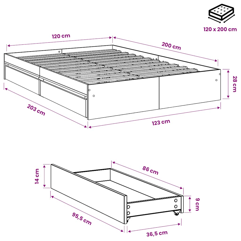 Cadre de lit avec tiroirs sans matelas gris béton 120x200 cm