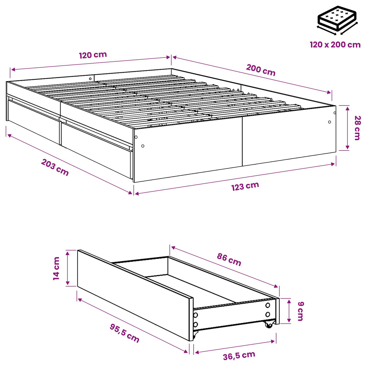 Cadre de lit avec tiroirs sans matelas gris béton 120x200 cm