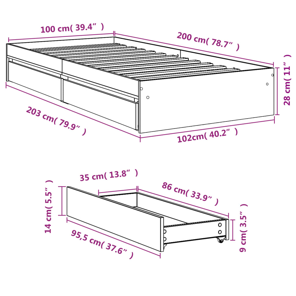 Cadre de lit avec tiroirs sans matelas chêne fumé 100x200 cm - XIOS