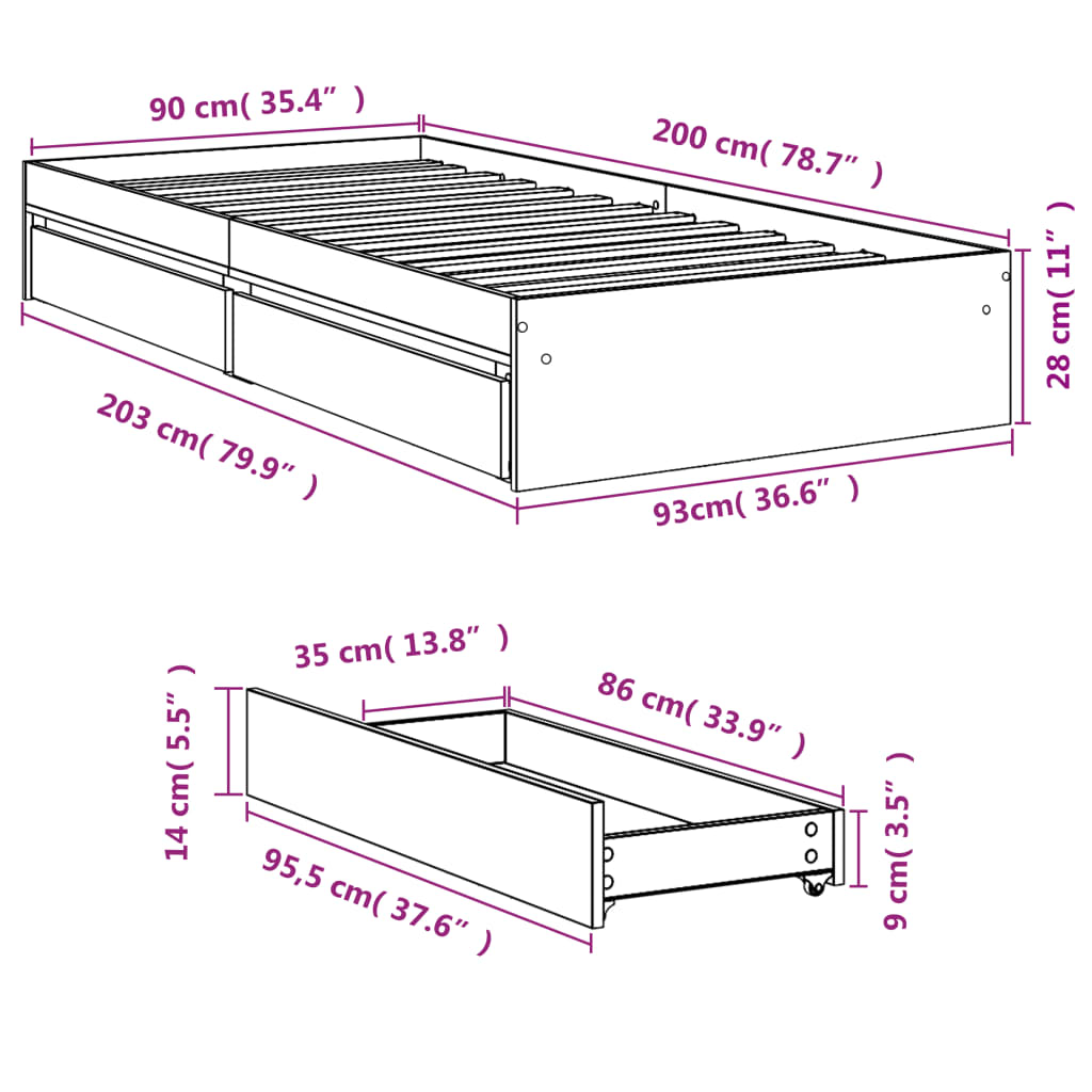 Cadre de lit avec tiroirs sans matelas blanc 90x200 cm - XIOS