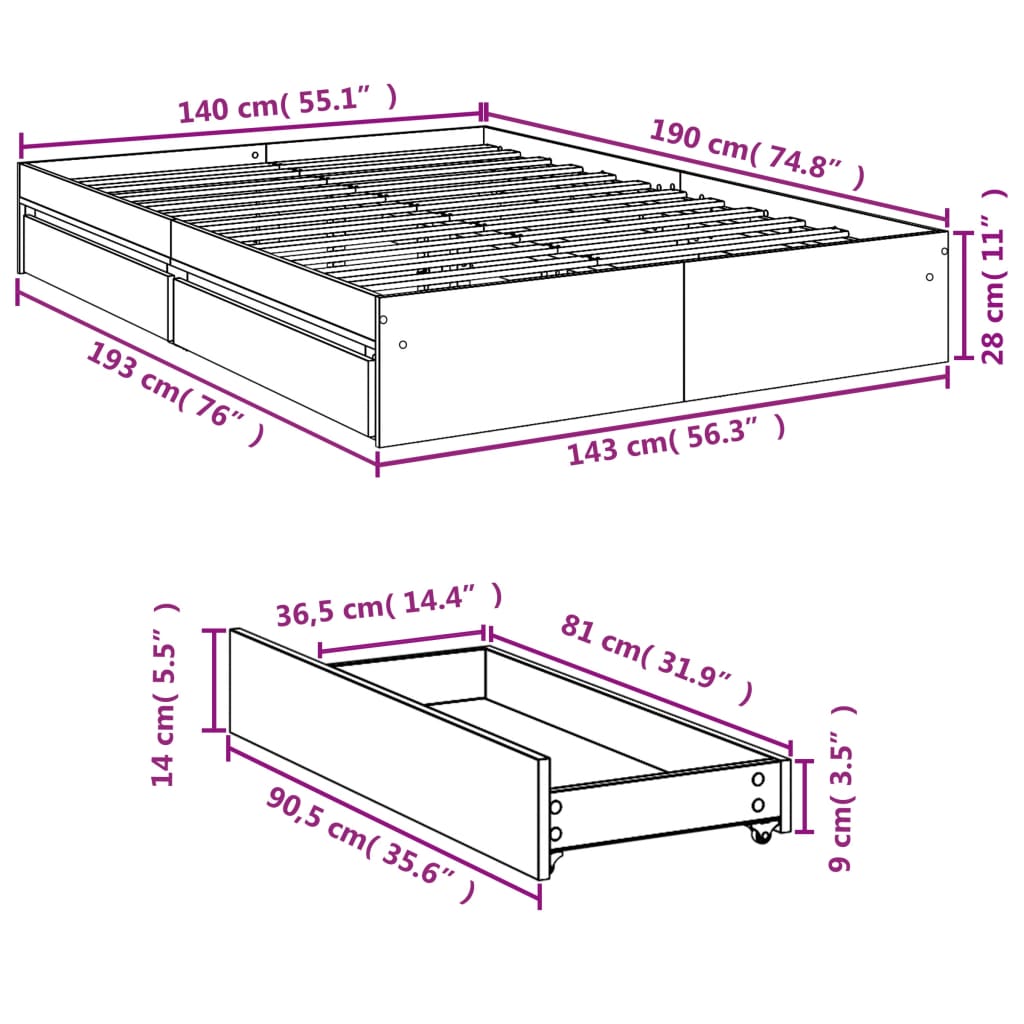Cadre de lit avec tiroirs sans matelas blanc 140x190 cm - XIOS