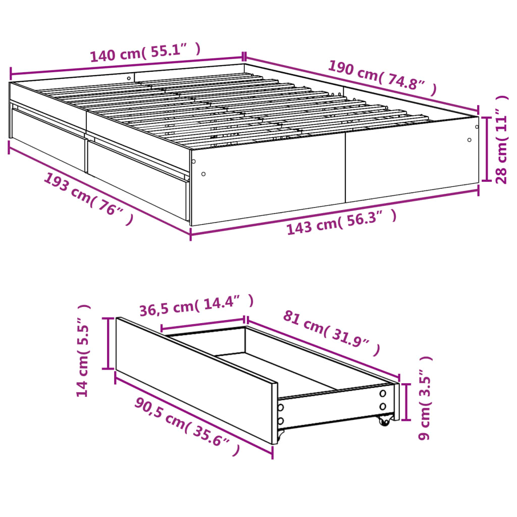 Cadre de lit avec tiroirs sans matelas chêne sonoma 140x190 cm - XIOS
