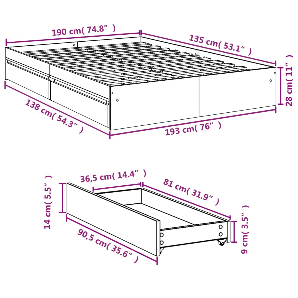 Cadre de lit avec tiroirs sans matelas blanc 135x190 cm - XIOS