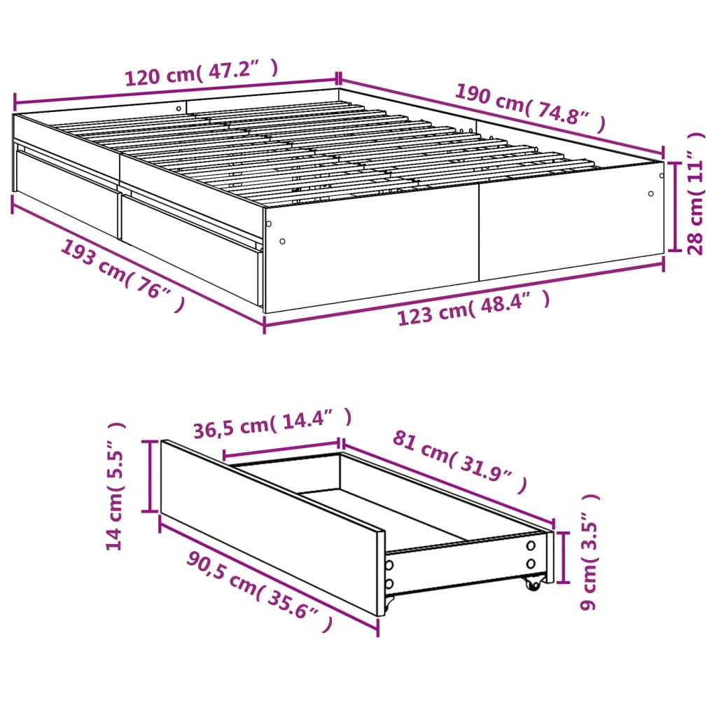 Cadre de lit avec tiroirs sans matelas blanc 120x190 cm - XIOS