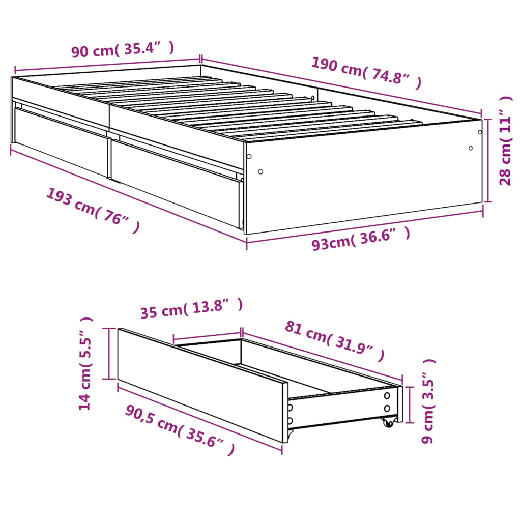 Cadre de lit avec tiroirs sans matelas chêne sonoma 90x190 cm - XIOS