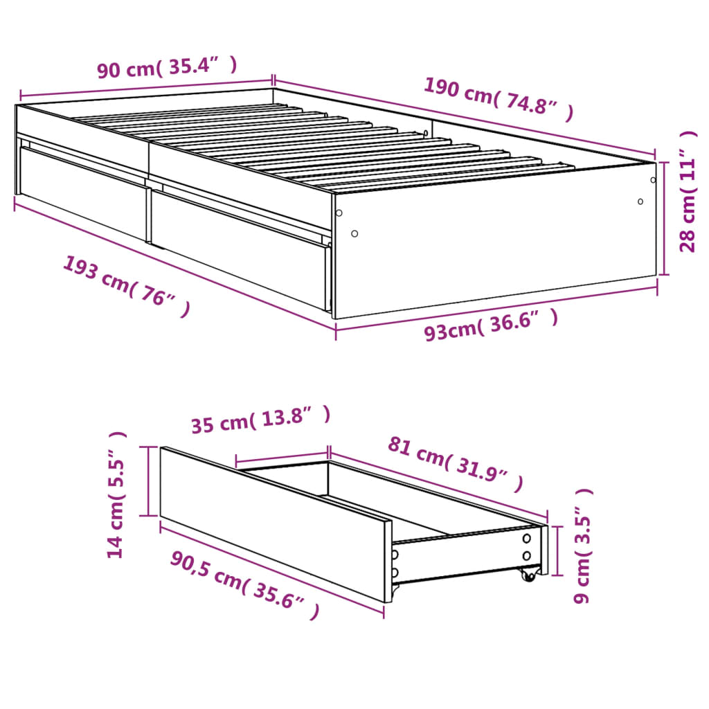 Cadre de lit avec tiroirs sans matelas chêne fumé 90x190 cm - XIOS