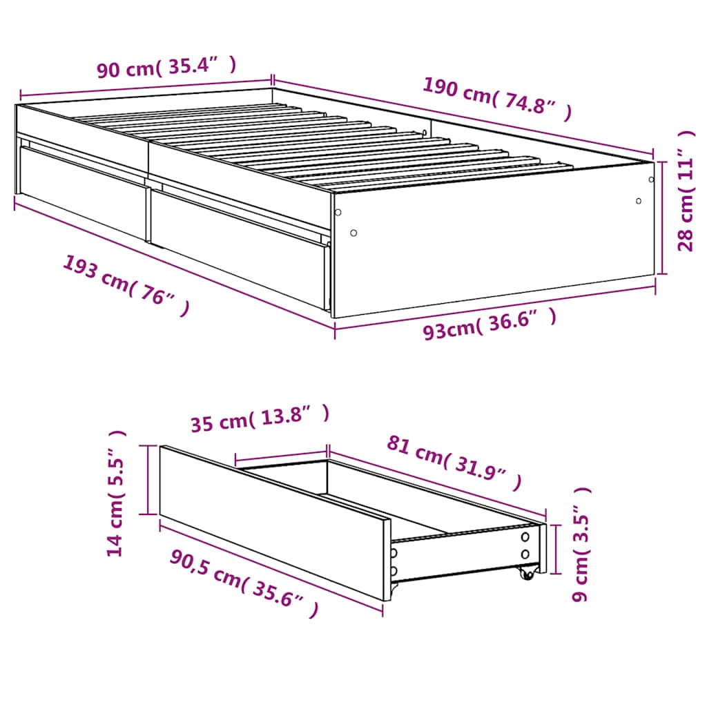 Cadre de lit avec tiroirs sans matelas sonoma gris 90x190 cm - XIOS