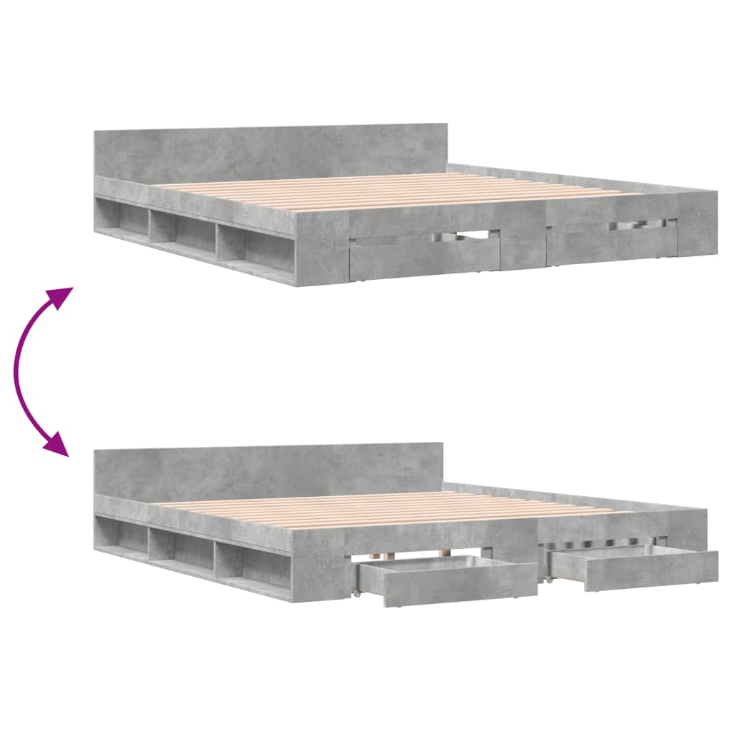 Cadre de lit avec tiroirs sans matelas gris béton 200x200 cm - XIOS