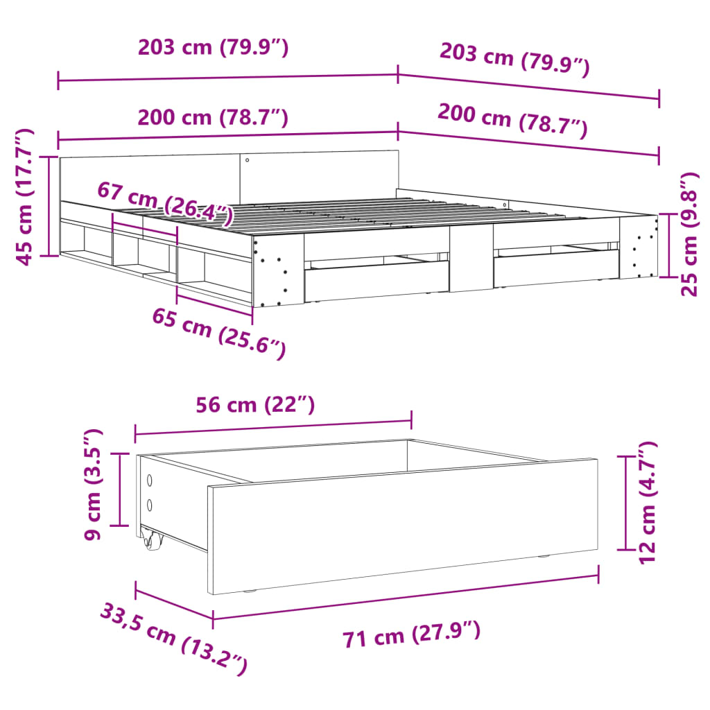 Cadre de lit avec tiroirs sans matelas gris béton 200x200 cm - XIOS