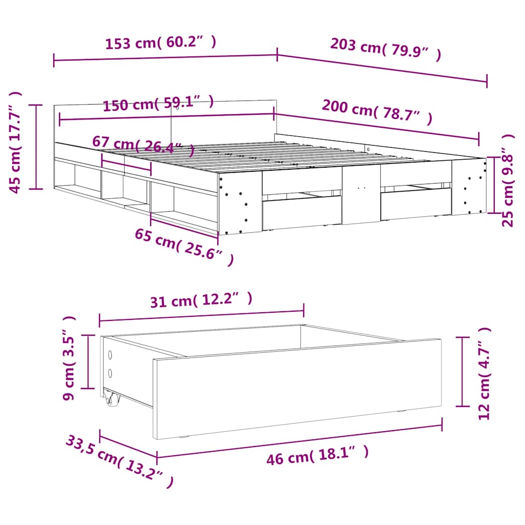 Cadre de lit avec tiroirs sans matelas sonoma gris 150x200 cm - XIOS