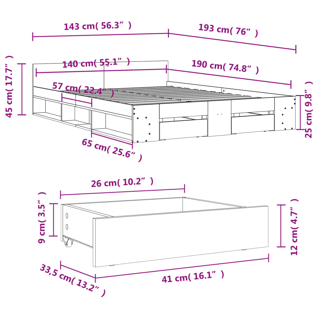 Cadre de lit avec tiroirs sans matelas sonoma gris 140x190 cm - XIOS