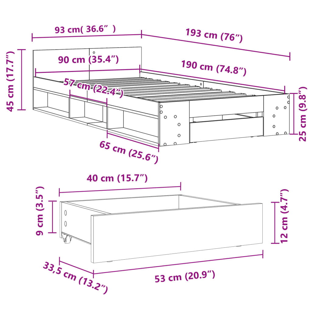 Cadre de lit avec tiroir sans matelas gris béton 90x190 cm - XIOS