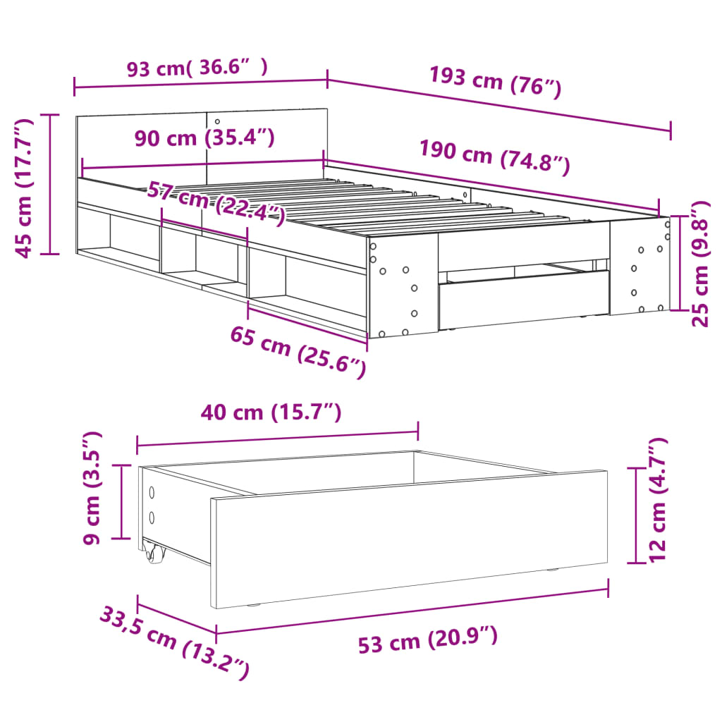 Cadre de lit avec tiroir sans matelas sonoma gris 90x190 cm - XIOS