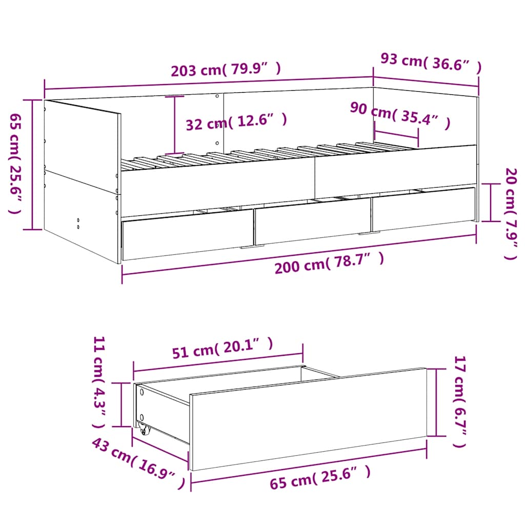 Lit de jour avec tiroirs sans matelas chêne sonoma 90x200 cm - XIOS