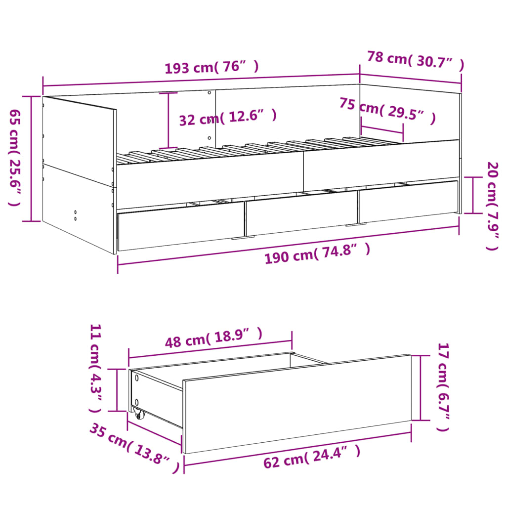 Lit de jour avec tiroirs sans matelas gris béton 75x190 cm - XIOS