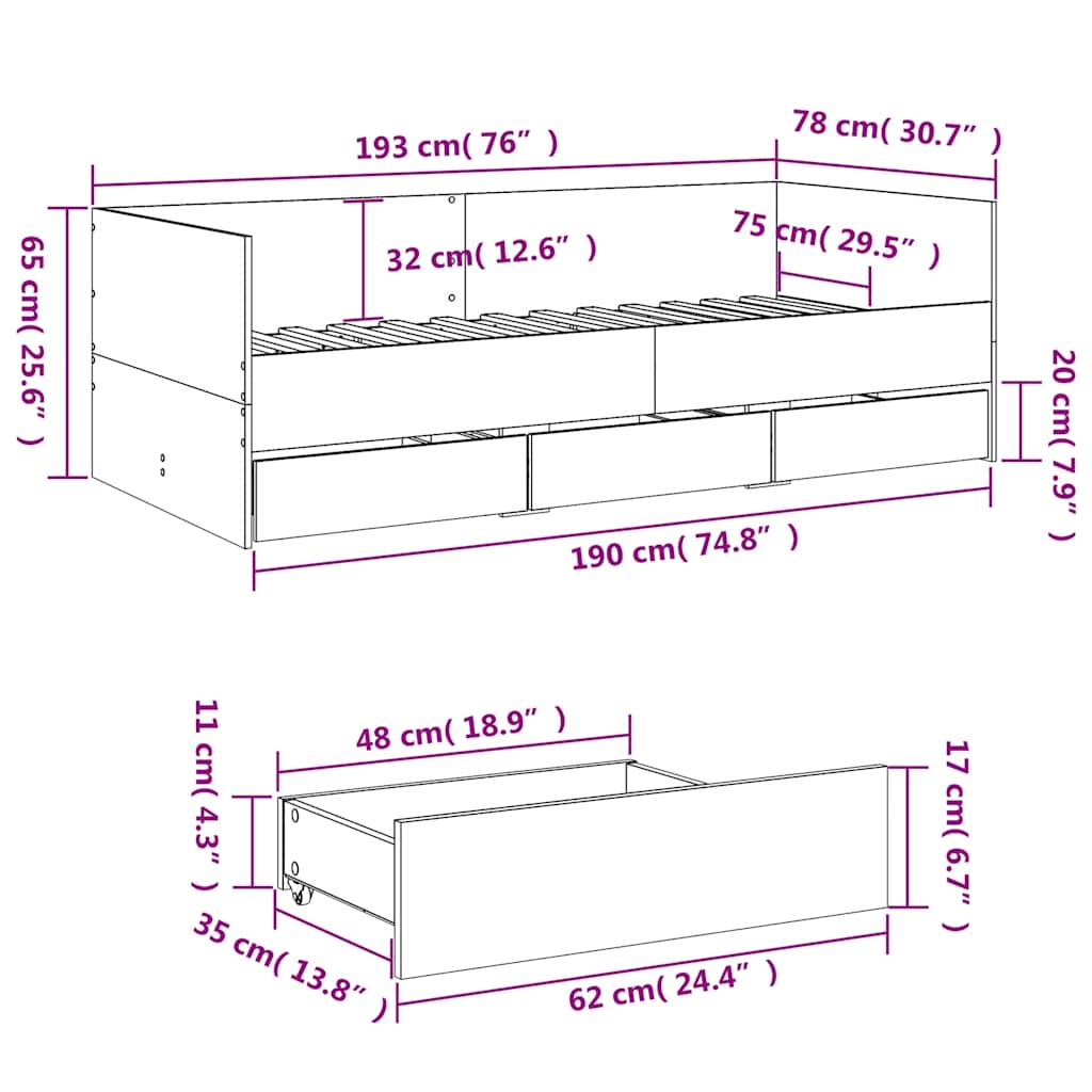 Lit de jour avec tiroirs sans matelas sonoma gris 75x190 cm - XIOS
