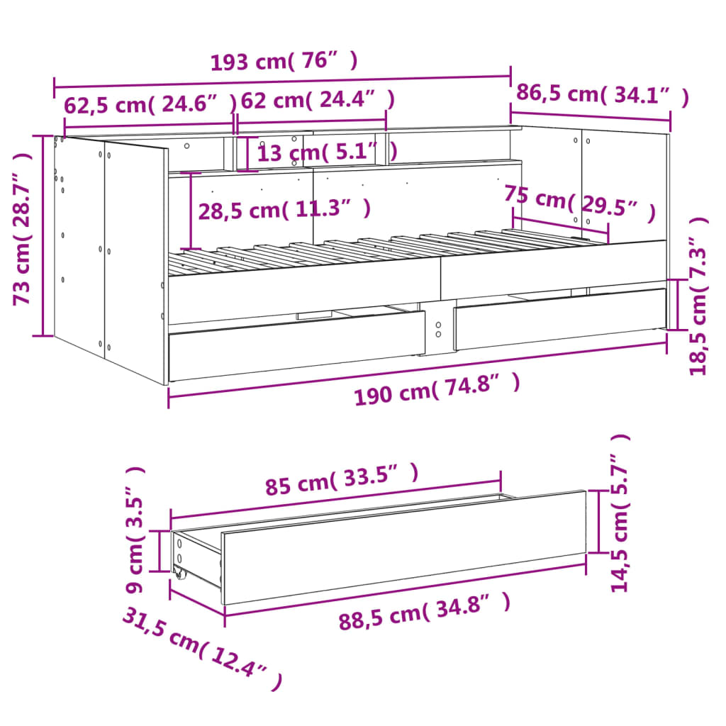 Lit de jour avec tiroirs sans matelas chêne sonoma 75x190 cm - XIOS